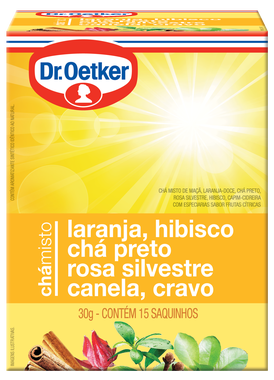 Chá Dr Oetker Laranja, Hibisco, Preto, Rosa Silvestre, Canela e Cravo 15 Saquinhos 